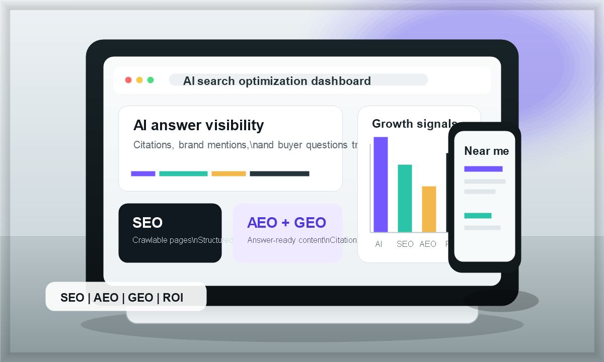AI search optimization dashboard for SEO AEO GEO and measurable growth